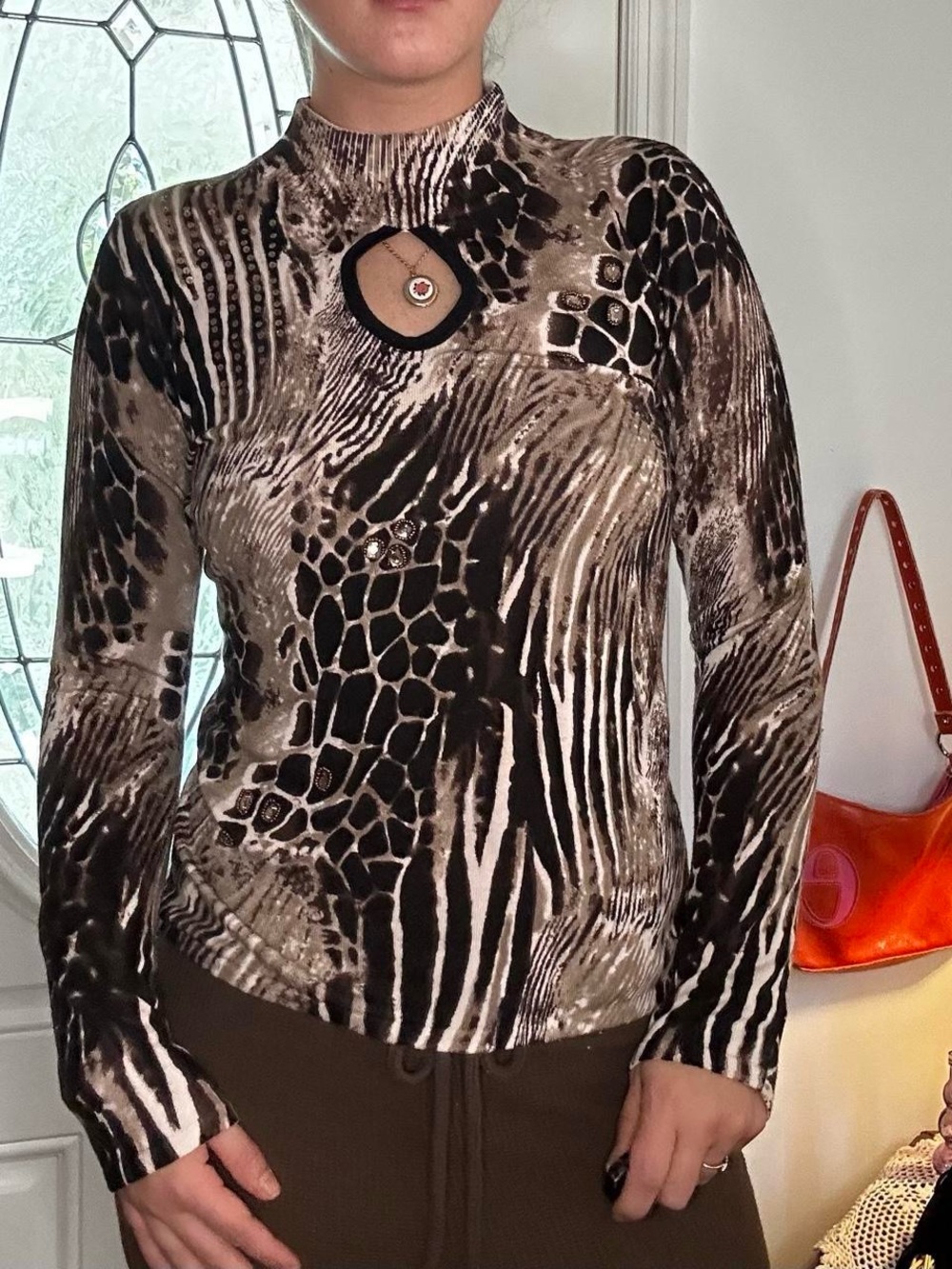 Belldini Brown Animal-Print Long Sleeve Top with Keyhole